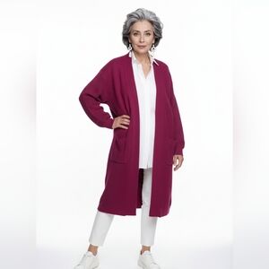 Donna Karan Burgundy Red Wool Ribbed Knit Long Line Open Cardigan Pockets M (15)